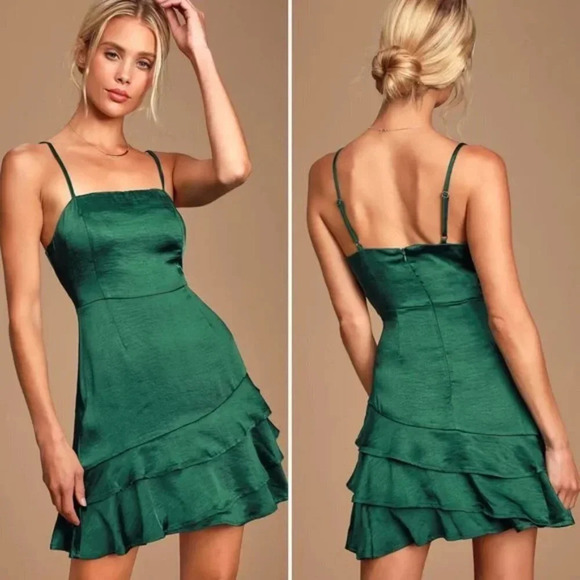 Lulus Dreams Come True Emerald Green Satin Ruffled Mini Dress Sz S - Picture 1 of 10
